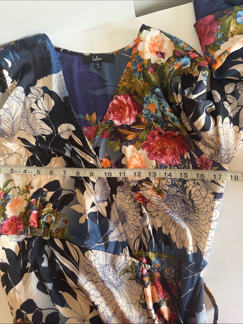 Lulus Put On A Smile Blue Multi Floral Satin Wrap Flowy Maxi Dress size M - Picture 7 of 9